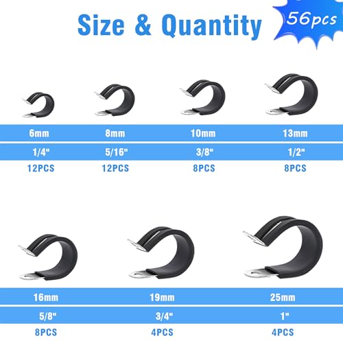 Cable Clamps Assortment Kit, 56PCS, 7 Sizes (1/4"-1") | 304 Stainless Steel, Rubber Cushioned Insulated, P Clamps, Pipe & Wire Loom Clips - size: 7 Sizes(6mm-25.4mm) 56pcs
