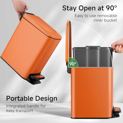 TIPGO Small Bathroom Trash Can with Lid Soft Close, 6 Liter / 1.6 Gallon Stainless Steel Garbage Can with Removable Inner Bucket, Step Pedal, Slim Trash Cans for Bedroom, Office, Kitchen (Orange) - color: Orange