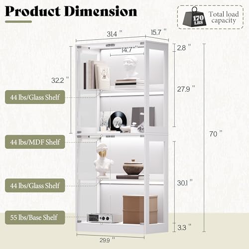 AMERLIFE RGB Display Cabinet with Adjustable Glass Shelves, 4-Tier Storage Case with LED Lights & Press-to-Open Doors, Modern Display Shelf for Collectibles, White 70" H×32" L×16" D - color: White, size: 32×16×70in