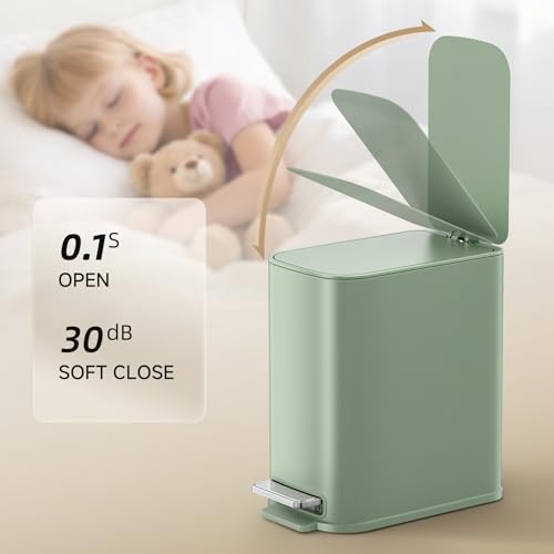 TIPGO Small Bathroom Trash Can with Lid Soft Close, Step Pedal, 1.3 Gallon / 5 Liter Stainless Steel Slim Garbage Can for Office, Diaper Waste Basket with Removable Inner Bucket (Green) - color: Green