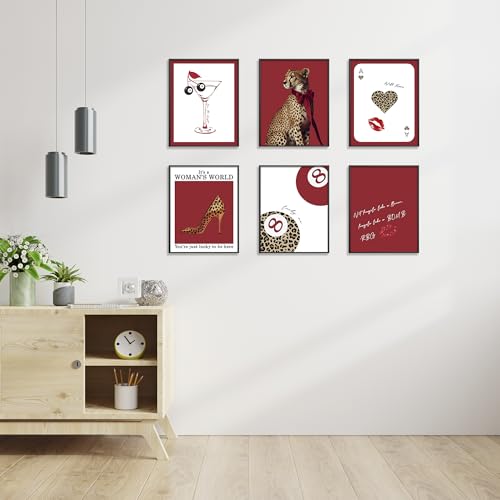 Eastern Print Trendy Red Leopard Wall Art, Set of 6 Cheetah Print Posters, Fashion & Empowerment Decor for Women’s Room, Girl Boss Bedroom Gallery Aesthetic, Unframed (8x10 inch) - color: Red Leopard