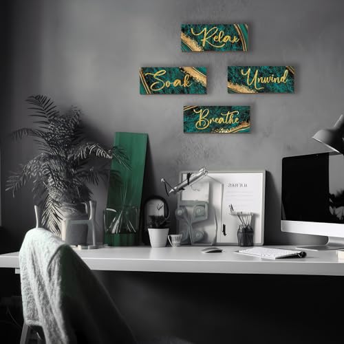 ONIZHITY 4 Pcs Large Green and Gold Bathroom Decor - Relax Soak Unwind Breathe Wood Rustic Marble Bathroom Accessories for Bedroom, Living Room, Office, Kitchen (Green Gold 14X5.5) - color: Green Gold, size: 14 X 5.5 Inch
