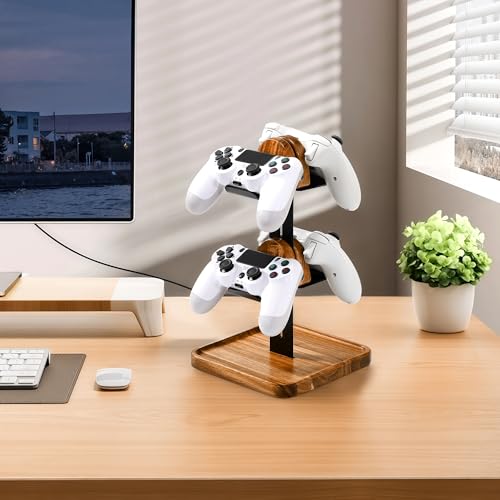 Game Controller Wood Stand for Desk, Adjustable 2 Tiers Game Controller Holder for PS/Xbox/Switch/Nintendo,Dual Tiers Controller Holder On The Desk,Solid Wood,4-in-1 Black