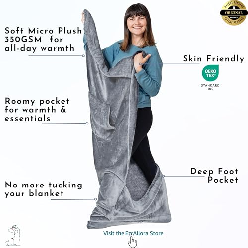 EzrAllora Fleece Lightweight Foot Pocket Blanket -Patent Pending- Gamer Gift for Men Who Have Everything - Gifts for Men Who Wants Nothing and Elderly Dads (Fleece, Silver Grey) - color: Silver Grey
