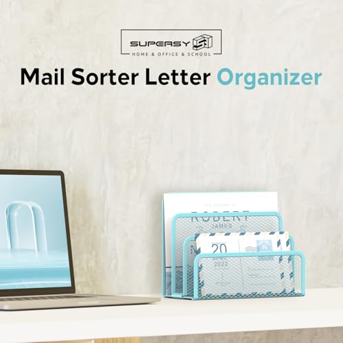 SUPEASY Mail Organizer for Desk, Mesh Metal Mail Holder Countertop with 3-Slot, Letter Sorter File Holder, Office Envelope Organizer for Mails (Blue) - color: Blue