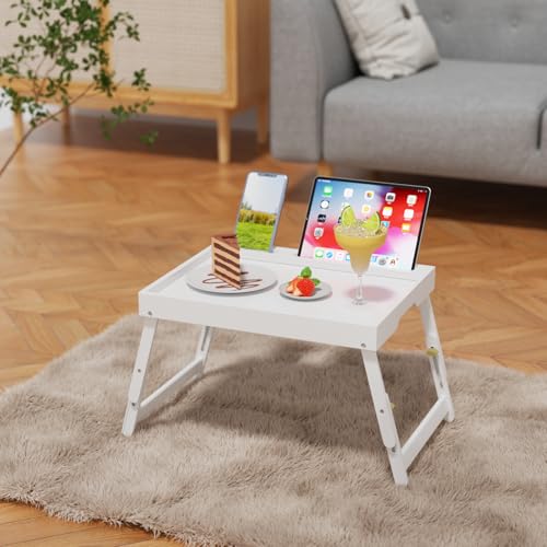 Artmeer Bed Tray Table with Folding Legs, Bamboo Breakfast Food Tray with Media Slot, Use As Platter, Laptop Desk, Snack, TV Tray Kitchen Serving Tray (White Large Adjustable Legs) - color: White, size: Large Adjustable