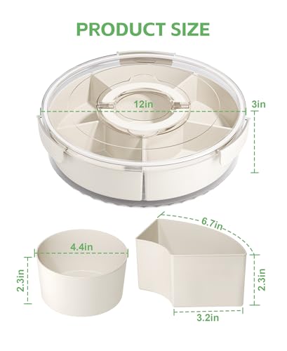Divided Rotating Serving Tray with Lid and Handle, Portable Snackle Box for Fruits Snacks Veggie Charcuterie, Clear Lazy Susan Organizer and Fridge Storage Container for Adults Child (1PCS,12" L - size: 12" L-1pcs