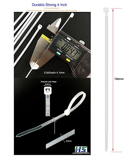 HS 1000 Pack Mini Zip Ties Clear Plastic Ties 4 Inch Bulk 4" White Cable Ties 18 Lb for Bag Tags,Electric,Lights,Party Decorate - color: White 4"1000