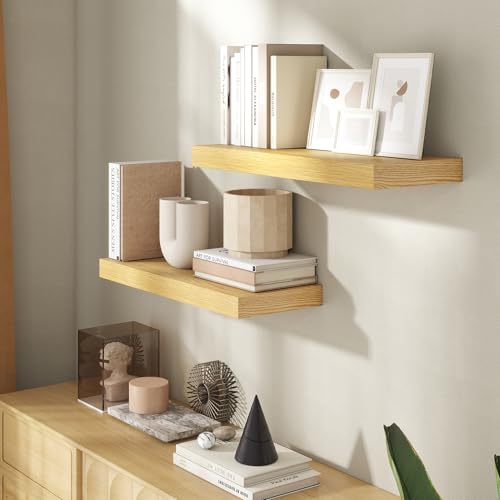 24 Inch Floating Shelves for Wall, 8 Inch Deep Floating Shelf for Storage & Display, Rustic Wall Mounted Shelf with Invisible Brackets for Living Room, Kitchen, Bathroom, Home Decor, Set of 2, Oak - color: Oak, size: 24 Inch, Set of 2