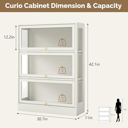 Display Cabinet with Acrylic Glass Doors,3-Tiers Curio Cabinet with LED Lighting for Collectibles, Collectibles Toy Organizers Rack & Display Shelf Display Case Storage Cabinet, White - color: White, size: 31" W x 42" H