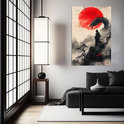 HQLLingArt Japanese Samurai Wall Art Picture Red Sun and Dragon with Samurai Poster Canvas Prints Modern Artwork Framed Ready to Hang(12''W x 16''H) - color: samurai art-18, size: 12"L x 16"W