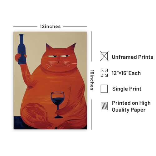 Cute Wall Art Decor Animal Wall Art Funny Poster Cat Poster as Bar Cart Gifts 12x16inch Unframed For Cat Lovers Pictures For Kitchen Home Living Room Bedroom Dorm Decor - color: Orange and white, size: 12"L x 16"W