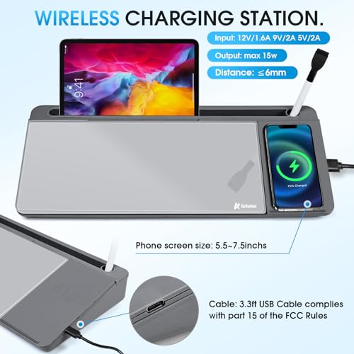 Varhomax Glass Desk Whiteboard with Wireless Charger, Desktop Dry Erase White Board with Storage, to Do List Memo Notepad for Home and Office (Gray) - color: Wireless Charger-gray