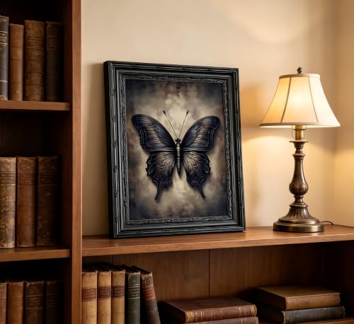 Gothic Black Butterfly Framed Wall Art - Dark Academia Witchy Canvas Print with Ornate Carved Frame, Ready to Hang Single Panel Decor for Bedroom Living Room Halloween - color: Black Butterfly, size: 16"L x 12"W
