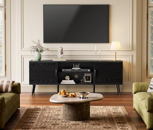 SUPERJARE TV Stand for 55 Inch TV, Entertainment Center with Adjustable Shelf, 2 Cabinets, TV Console Table, Media Console, Solid Wood Feet, Cord Holes, for Living Room, Bedroom, Black - color: Black, size: 53.9"