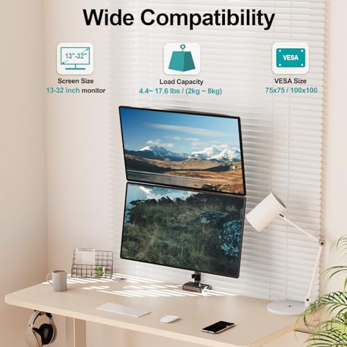 MOUNT PRO Vertical Dual Monitor Mount, Stacked Monitor Stand for 2 Computer Screens up to 32 inches, Full Motion Adjustable Tall Display Desk Mount, Each Arm Holds up to 17.6lbs, VESA Mount - size: Max 32“ Gas Spring