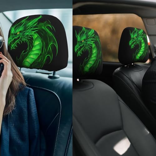 Dujiea 2 Pack Dragon Green Fire Car Headrest Covers, Universal Soft Car Seat Head Rest Protector, Vehicle Accessories Fabric Headrest Cover for Cars Vans Trucks - color: Dragon Green Fire