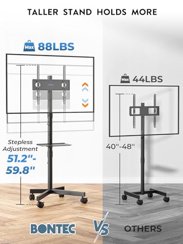 BONTEC Mobile TV Stand for 23-65 Inch TVs, Rolling TV Stand with Locking Wheels, Adjustable Height, Media Shelf, Outdoor TV Stand Max VESA 400x400mm, Holds Up to 88lbs - color: Black, size: 23-65 Inch