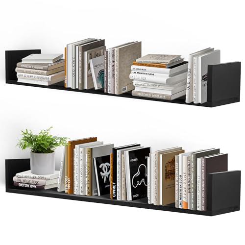 PHOENANCEE Floating Book Shelves,32 Inches Wall Bookshelf U Shaped,Long Hanging Bookshelf for Wall,Large Rustic Storage Books Shelves for Living Room Kitchen Bathroom Office,Set of 4(Black) - color: Black