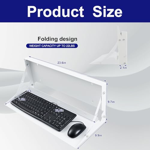 1 Pcs 24 Inch Keyboard Wall Mount Foldable Fits Standard Computer Keyboard Mouse Stand Tray Organizer for Small Offices Apartments, Easy Installation with 4 Screws (White) - color: White