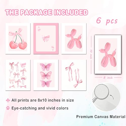 Kizbok Pink Coquette Room Decor, Trendy Pink Bows Wall Art for Girl Room Decor, Cute Coquette Wall Decor, Coquette Posters, Pink Room Decor Preppy Room Decor Aesthetic, Coquette Bow Prints Ball Cherry Bow Room Decor for College Dorm Apartment Decor -8x10i