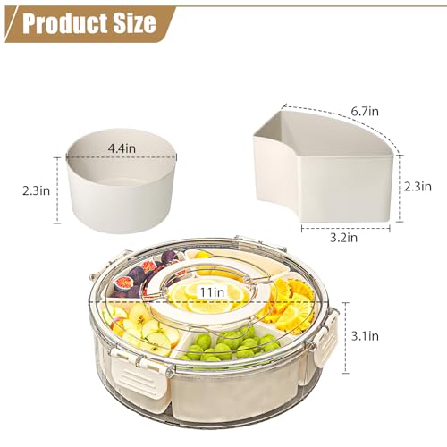 Snackle Box Container Divided Rotating Serving Tray with Lid and Handle | Portable, For Fruits Snacks Veggie Charcuterie, Spinner Organizer, Fridge Storage Container, For Travel and Picnic