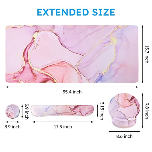 iCasso Desk Mat, Gaming Mouse Pad Wrist Support Set,4in1 XXL Large Mousepad + Keyboard Wrist Rest+Mouse Wrist Rest+Coaster Set with Ergonomic Design for Home Office Table Computer-Glitter Marble - color: Glitter Marble
