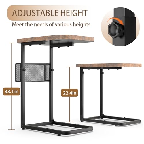 Fashion TV Tray Table with Large Tabletop, Adjustable Sofa Table with Storage Baskets, Strong Metal Frame, Tv Dinner Tray Table for TV Watching, Meals, Snacks (Square, Brown, 16.93inch x 12.6inch)