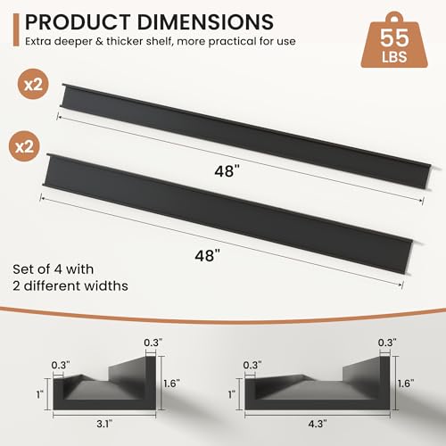 Fun Memories Picture Ledge Shelves Set of 4, 48 Inch Rustic Wall Mounted Floating Shelves with Lip for Home Storage and Décor in Bathroom, Kitchen, Nursery, Bedroom, Living Room, Black - color: Black, size: 48 inch, Set of 4