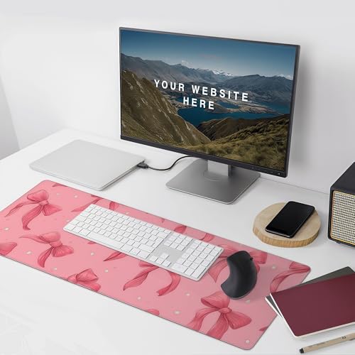 Large Pink Mouse Pad with Bows, Non-Slip Desk Mat for Laptop PC, Gaming Mousepad, 35.4 x 15.7 inches - color: Cute Bows