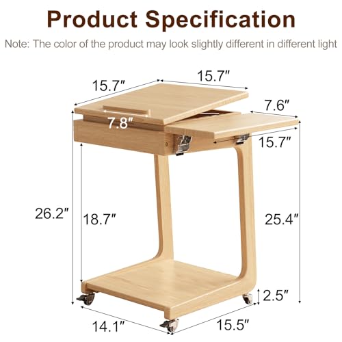 Solid Wood C Shaped End Table for Couch,Natural C Table with Wheels,Rolling Side Table with Storage,Couch Desk with Adjustable Desktop,Rolling Tv Tray with Folding Shelf,Modern Couch Table - color: Natural