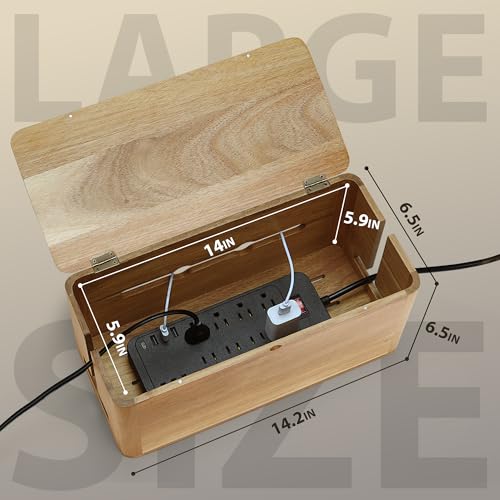 Large Acacia Wood Style Cable Management Box, Cord Organizer Power Strip Box with Magnetic Outlet Covers, Cord Hider for Desk and Floor Cable Storage, Ventilated Design