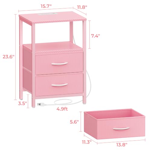 Huuger Nightstand with Charging Station, Side Table with Fabric Drawers, End Table with Open Shelf, Bedside Table with USB Ports and Outlets, Night Stand for Bedroom, Pink - color: Pink, size: 11.8"d X 15.7"w X 23.6"h (2 Drawers)