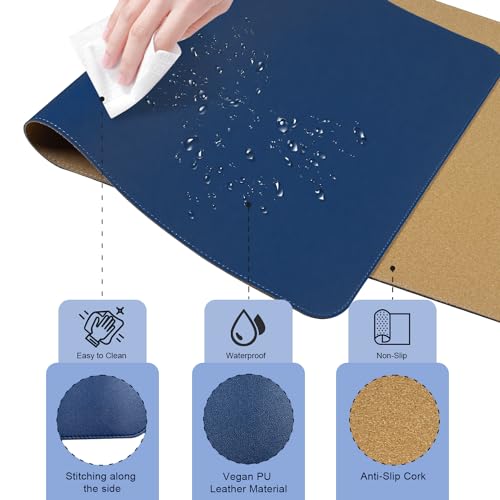 Large Desk Pad 35.4" x 17", Non-Slip Desk Mat with PU Leather & Natural Cork, Waterproof Writing Desk Natural Cork, Computer Mat Desk Protector for Office Home, Dark Blue - color: Dark Blue, size: 2.4" x 2.4"