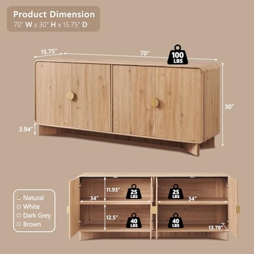 IFGET 70" Modern TV Stand for TVs Up to 80 inches, 30" Tall Entertainment Center with Storage and Adjustable Shelves, TV Console with Curved Profile Design, Media Console for Living Room, Natural Oak - color: Natural Oak, size: 70 "TV Stand