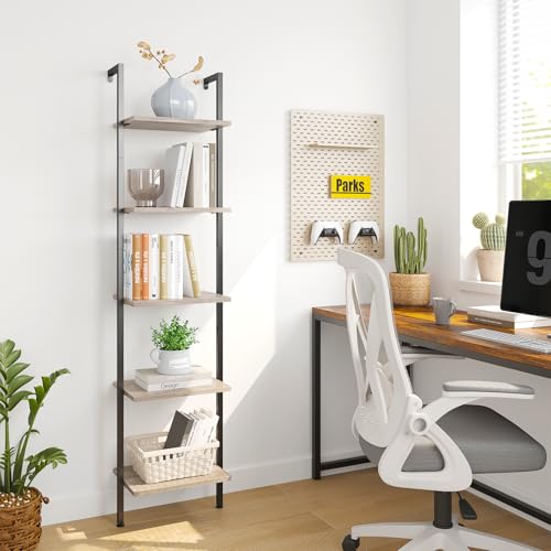 ELYKEN Ladder Shelf, 5-Tier Wood Wall Mounted Bookshelf with Metal Frame, Vintage Open Display Organizer Rack, Leaning Storage Shelves for Living Room, Bedroom, Home Office, Greige - color: Gerige