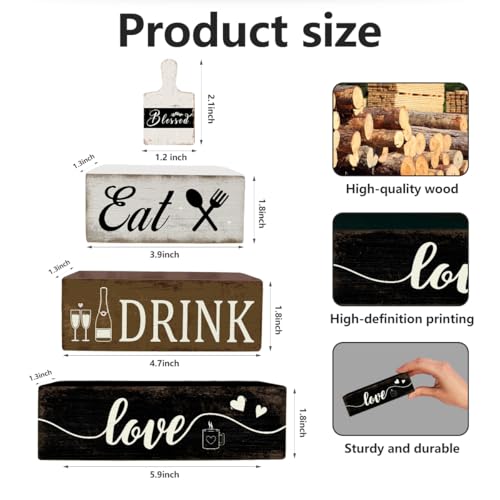 4 Pcs Farmhouse Kitchen Table Decoration Wooden Tiered Tray Decor Rustic Plate Tableware Centerpiece Block Sign for Kitchen Dinging Room Shelf Desk Decoration - color: Drink