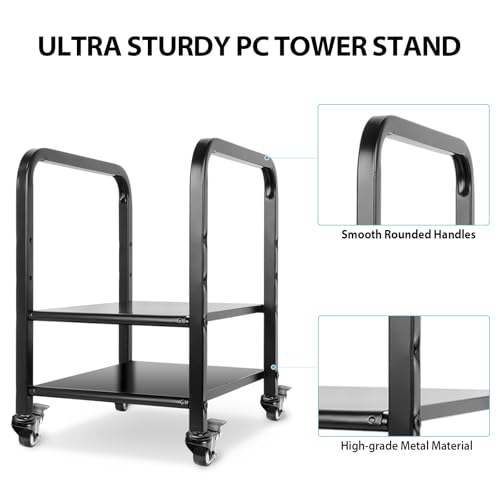 Computer Tower Stand, Height Adjustable PC Floor Stand 2-Tier for Mini/Mid Tower, Full Metal Rolling CPU Holder Cart with Locking Caster Wheels for Home and Office, Black