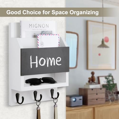 Key and Mail Holder for Wall, Key Holder with Chalkboard and Long Storage Box, Key Hanger with 3 Sturdy Hooks for Coat, Dog Leash, Entryway Mail Organizer (White) - color: White
