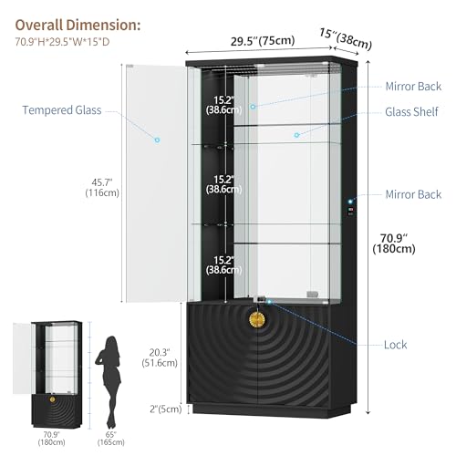 Lvifur 71'' Display Cabinet with Glass Doors,4-Tier Curio Cabinet with 3-Color Lights for Collectibles,Lockable Glass Display Case with Human Body Sensor,Tall Bookcase w/Shelves&Drawers,Black - color: Black-71" Rgb