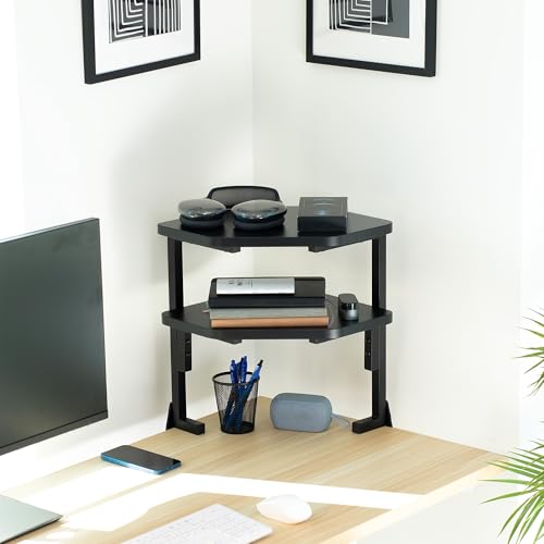 VIVO Corner Clamp-on 17 inch Above or Below Desk 2-Tier Shelving Unit for Table Accessories, Gaming Devices, and More, Storage Desk Attachment Organizer, Black, STAND-SHELF2CR
