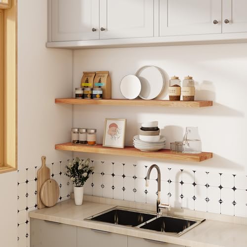 Flat Edge Elm Wood Floating Shelf with Invisible Bracket 48”Natural - color: Natural, size: 48”,set of 1