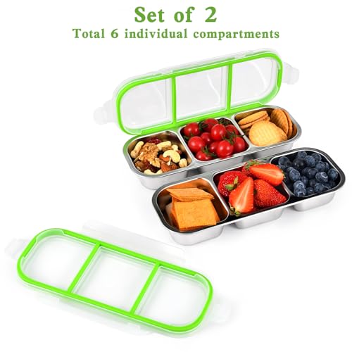 UPTRUST Reusable Snack Containers with Lids, 2pcs Stainless Steel 3-Compartment Snack Box, Divided and Leak-Proof Design for Take-Out Condiments and On-the-Go Snacks - size: 2-Piece 3-Compartment