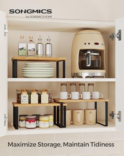 SONGMICS Cabinet Organizer Shelf, Set of 3 Kitchen Counter Shelves, Kitchen Storage, Spice Rack, Stackable, Expandable, Ink Black and Natural Beige UKCS014YL03 - color: Ink Black + Natural Beige