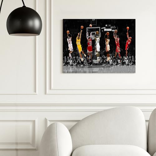 Basketball Legends Canvas Wall Art Iconic Basketball Superstar Shooting Artwork Poster Print Inspirational Sports Wall Art for Basketball Fans Boys Bedroom Gaming Room Home Office Framed 12"x16"