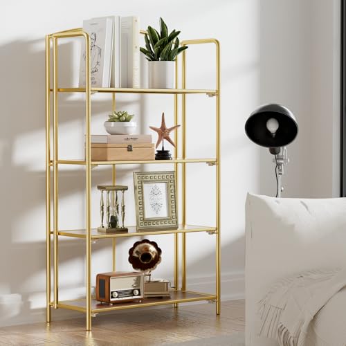 Crofy 4-Tier Wider Foldable Bookshelf, Gold Frame & Walnut Shelves | No-Assembly Collapsible Portable Storage Organizer; Sturdy Walnut Finish Shelves; Ideal for Living Room & Home Office - color: Gold Frame & Walnut Shelf, size: 4 Tier Wider