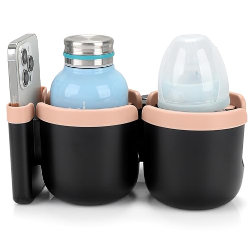 Accmor Stroller Cup Holder with Phone Holder, Bike Cup Holder, Universal Cup Holder for Uppababy Nuna Doona Strollers, 2-in-1 Cup Holder for Walker, Wheelchair, Scooter - color: Double Holder-Pink