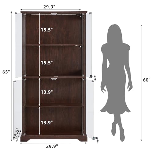 LELELINKY Farmhouse Glass Display Cabinet with Doors, Wooden Curio Cabinet for Collectibles with 3-Color LED Motion-Sensor Light & Reinforced Base, Walnut - color: Walnut, size: Single