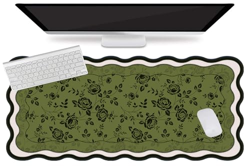 L-SPOUTTO Green Floral Mouse Pad,Aesthetic Desk Mat XXL Large Scalloped Gaming Mousepad,35.4x15.7in Non-Slip Keyboard Pad Waterproof Desktop Mat for Laptop Computer Work Game Office-Vintage Roses - color: Black Roses