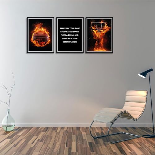 3Pcs Basketball Canvas Wall Art Inspirational Sport Theme Painting Picture Wall Decor flame Basketball Motivational Quotes Poster Print Artwork for Gym Teen Boys Room Decortion 16x24in Unframed - color: Poster, size: 16x24in
